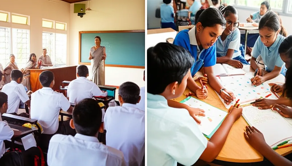 A comparison of a traditional Sri Lankan classroom and a modern international school classroom.