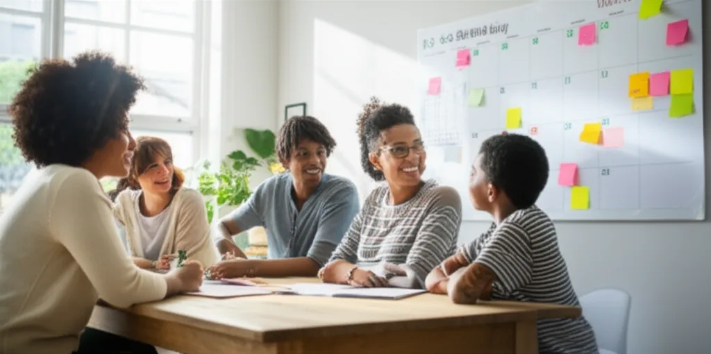 A family sitting together at a table, happily discussing plans with a calendar.