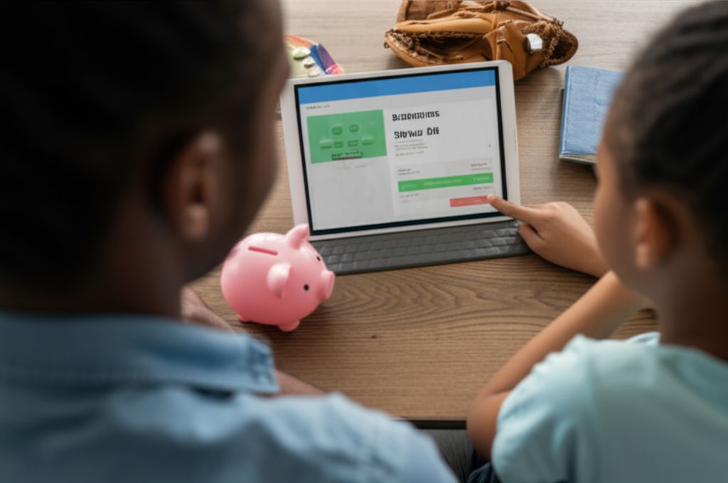 A parent and child review a budget for school and sports on a tablet.