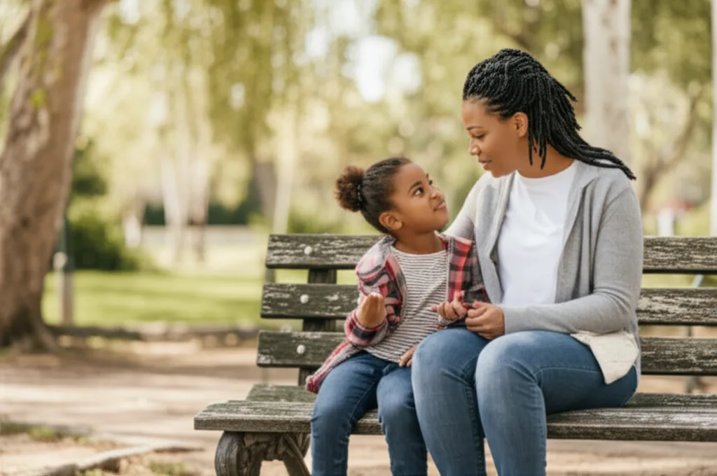 A parent listens intently to their child while sitting together outdoors.