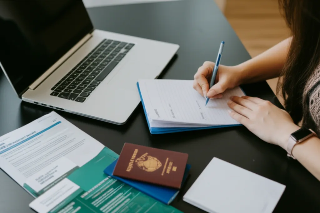 A person carefully writing a scholarship application essay, surrounded by necessary documents.