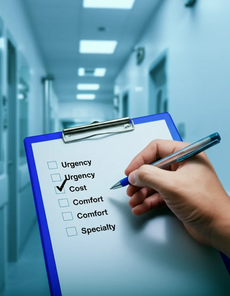 A checklist graphic illustrating the key factors for choosing between a government and private hospital.