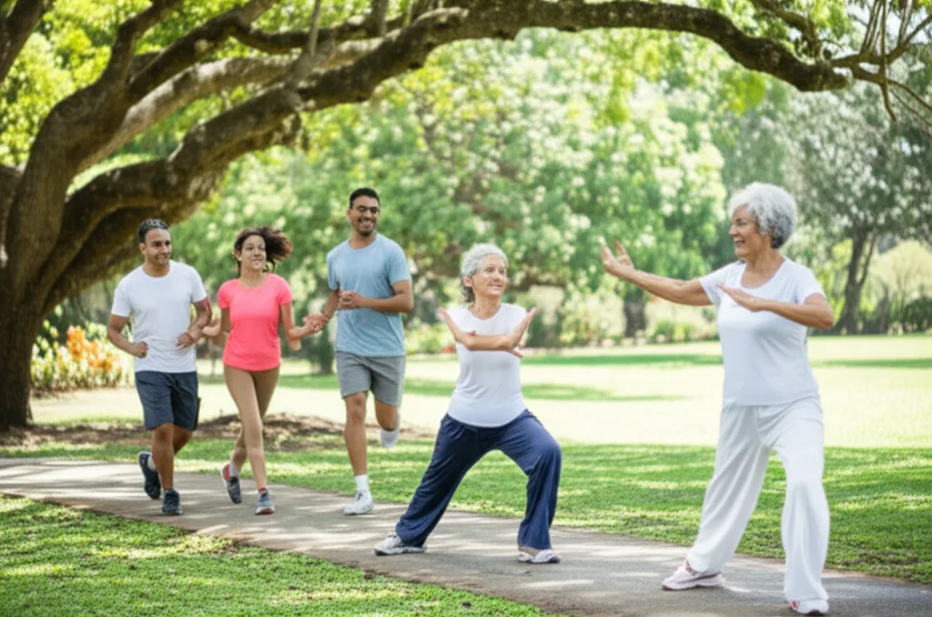 A group of people enjoying a healthy, active lifestyle in a park in Sri Lanka.