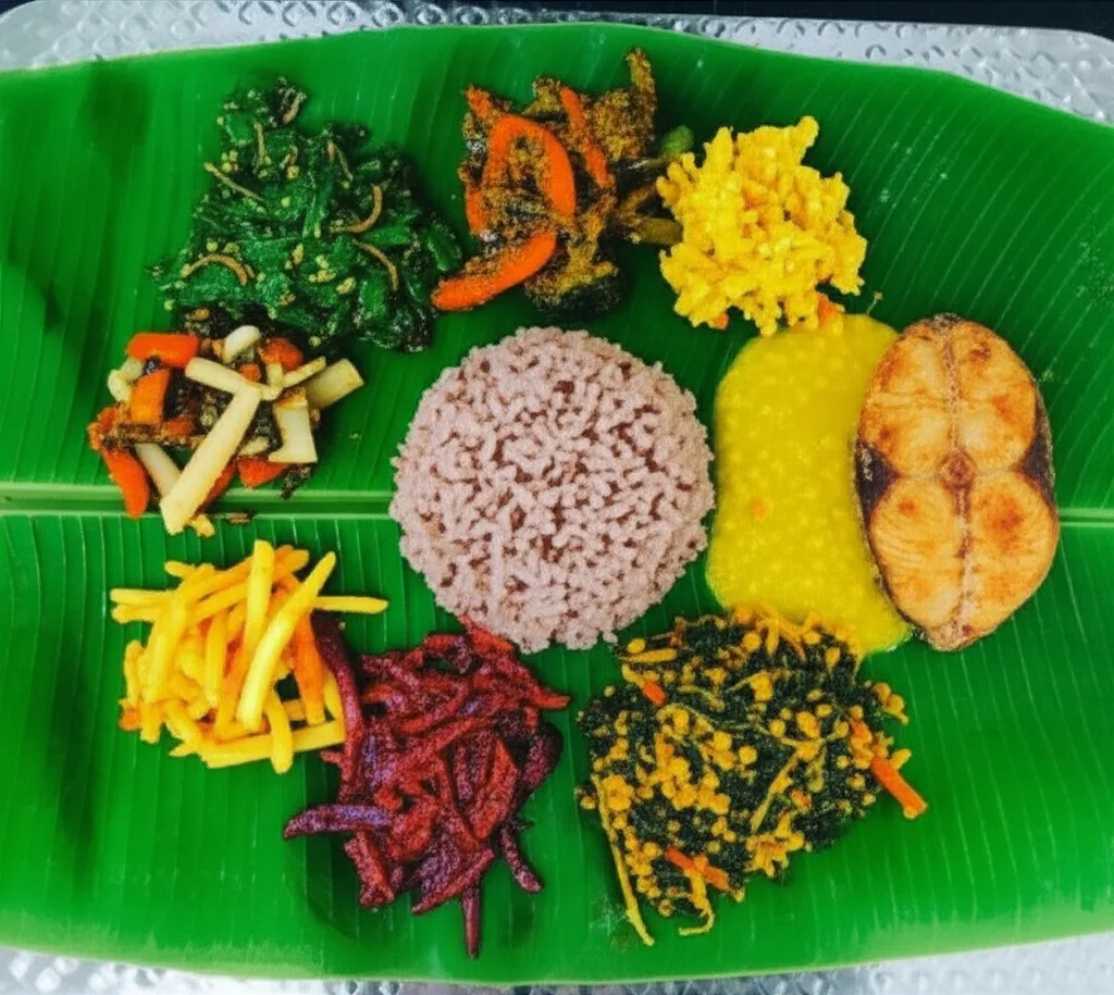 A balanced and healthy Sri Lankan meal with red rice, various vegetable curries, and fish.