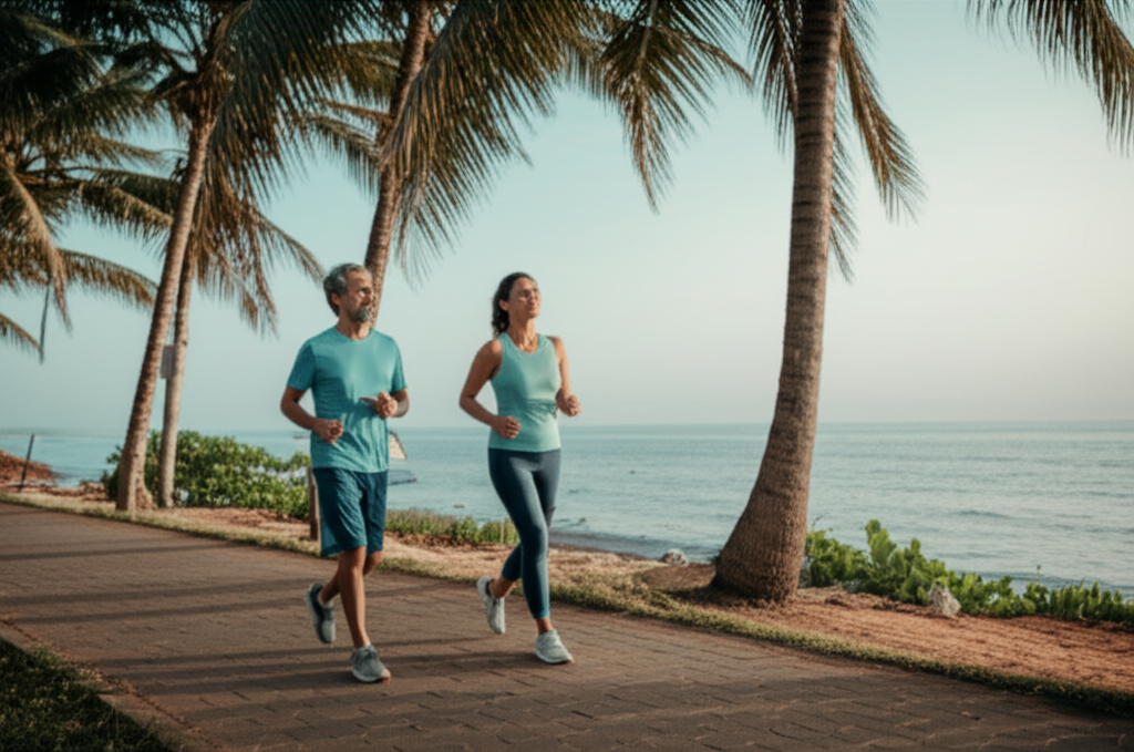 A Sri Lankan couple staying active by walking together in a scenic, outdoor setting.