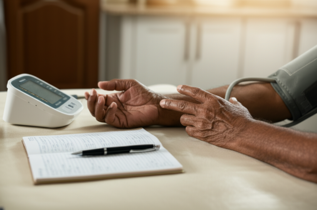 An individual self-monitoring their blood pressure at home using a digital device and a logbook.