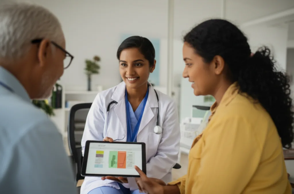 A caring doctor provides health advice to a patient and his family member in a Sri Lankan clinic.