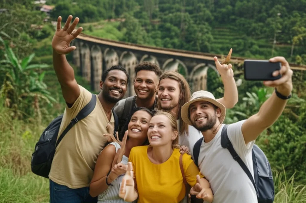 Diverse group of tourists enjoying the view at the Nine Arch Bridge, Sri Lanka.