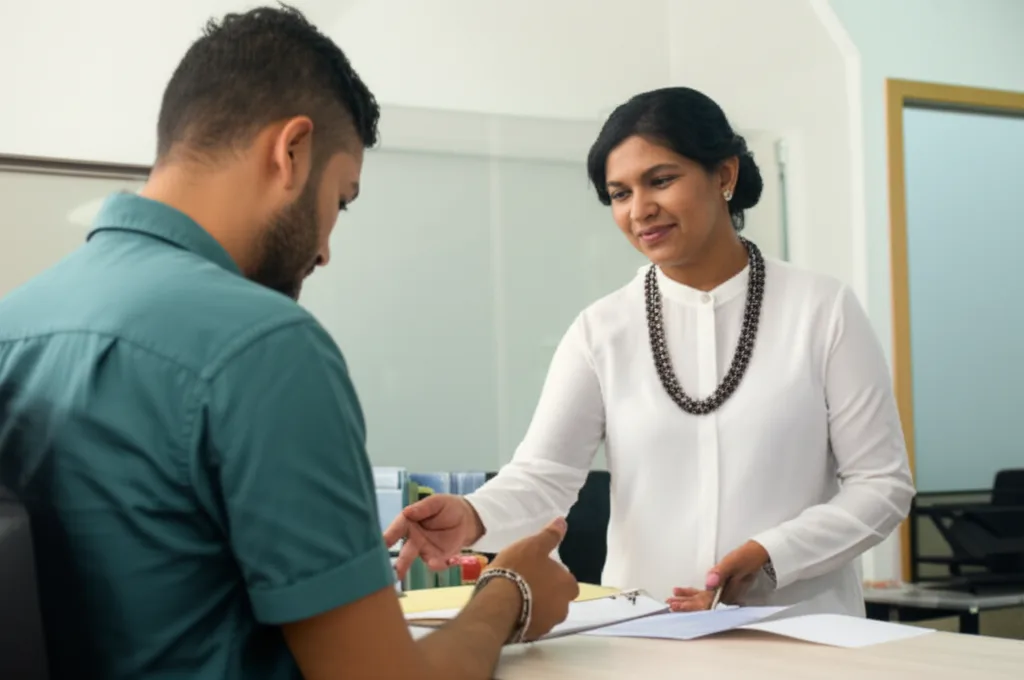 A foreigner completing post-arrival registration at an immigration office in Sri Lanka.