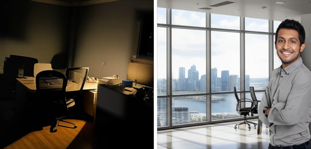 A split image showing the contrast between a work environment in Sri Lanka and a more promising one abroad.