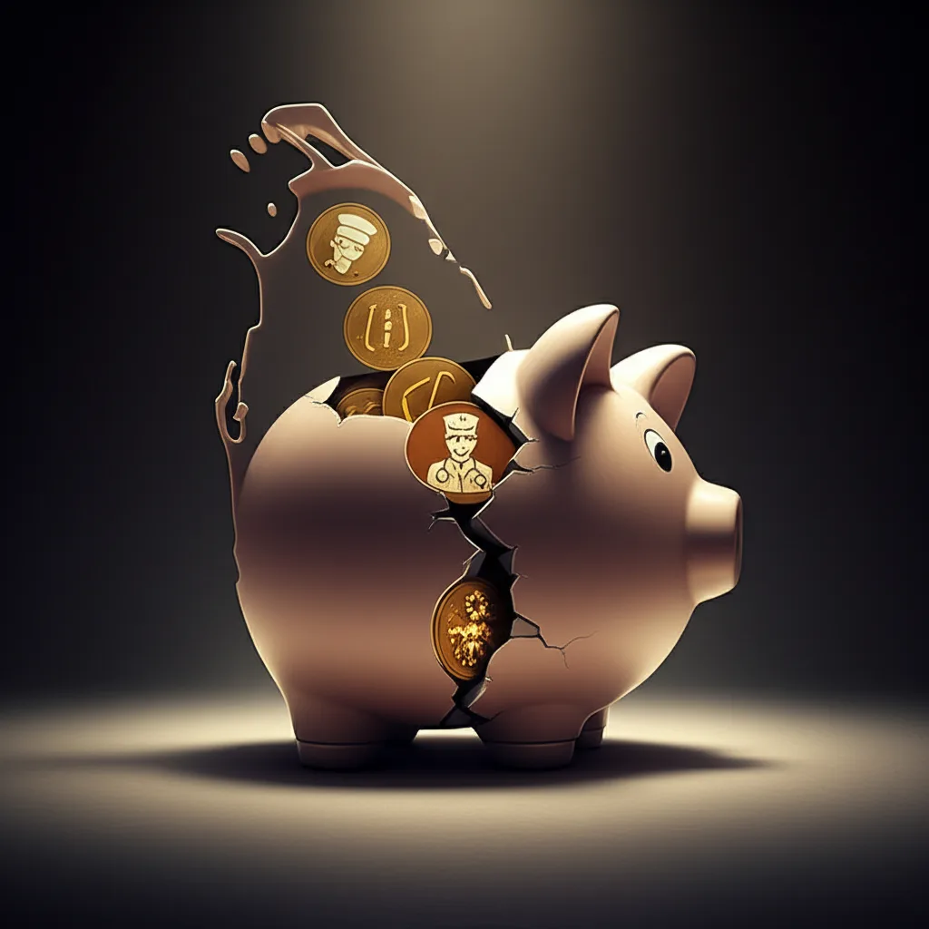 A piggy bank shaped like Sri Lanka, cracked and losing coins representing skilled workers, symbolizing economic loss.