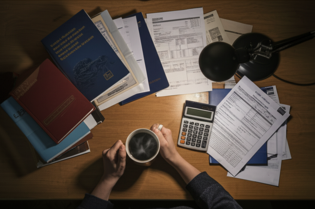 A desk covered in complex textbooks and forms, representing the immense challenge of professional re-qualification abroad.
