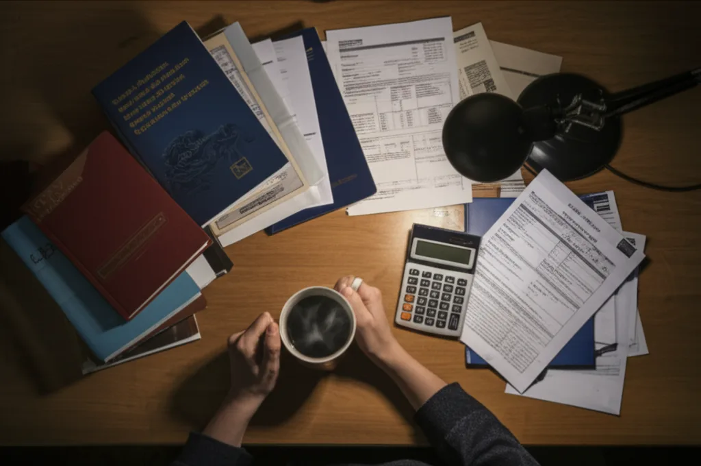 A desk covered in complex textbooks and forms, representing the immense challenge of professional re-qualification abroad.