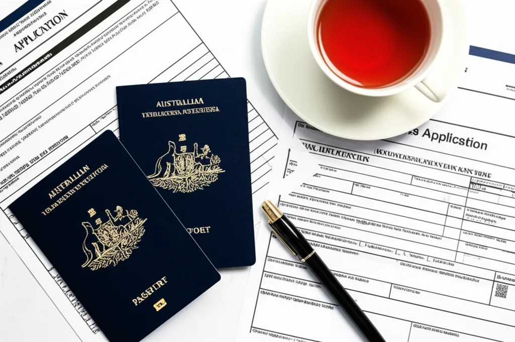 A collection of Australian visa application forms and a passport, representing the immigration process.