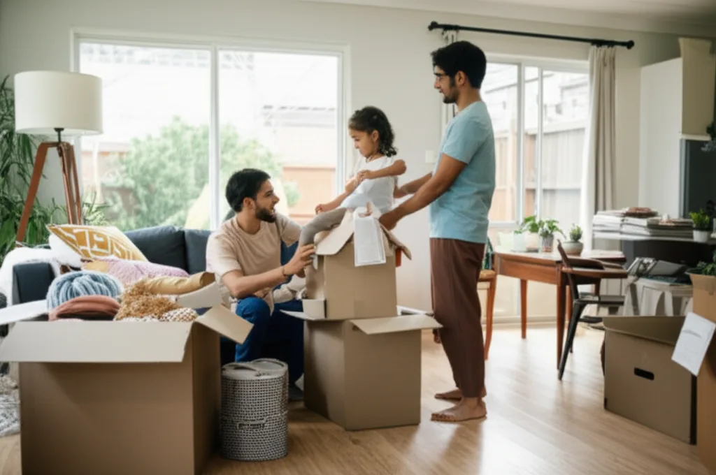 A family settling into their new rental home in Australia.