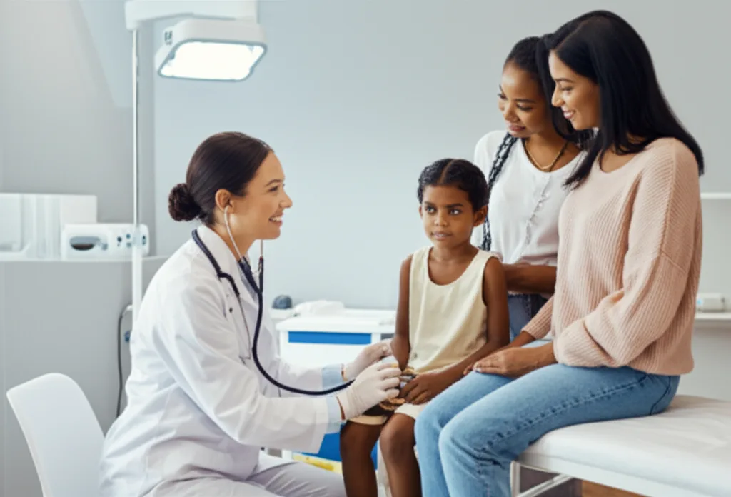 A mother and child visiting a friendly doctor, illustrating the Australian healthcare system.