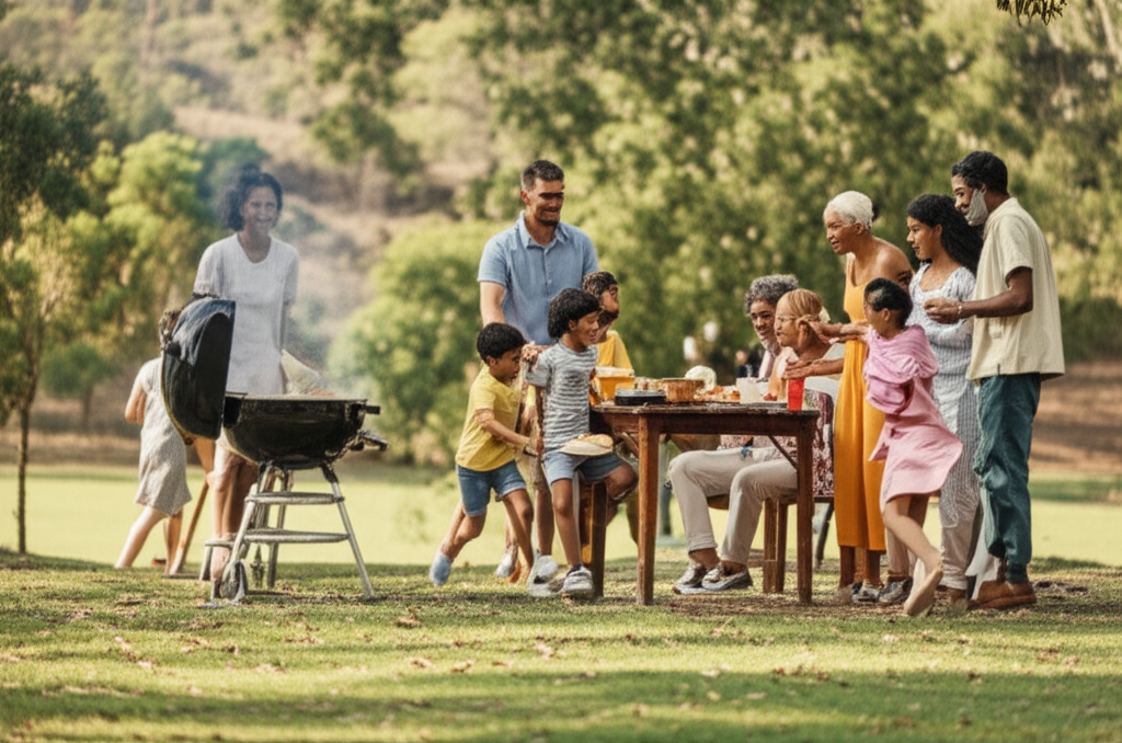 A family integrating into Australian life by enjoying a community barbecue in a park.
