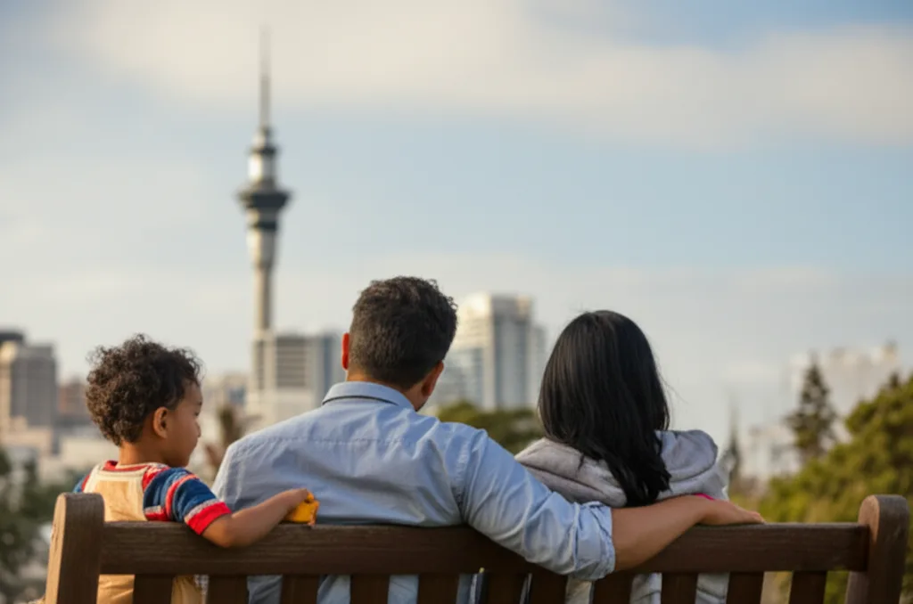 A family enjoying a relaxed lifestyle in a park in Auckland, New Zealand.