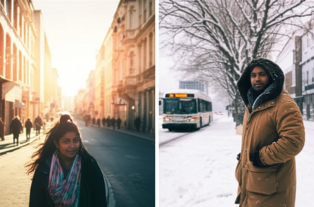 A visual comparison of a warm Sri Lankan scene and a cold Canadian winter, highlighting the stark environmental change for immigrants.