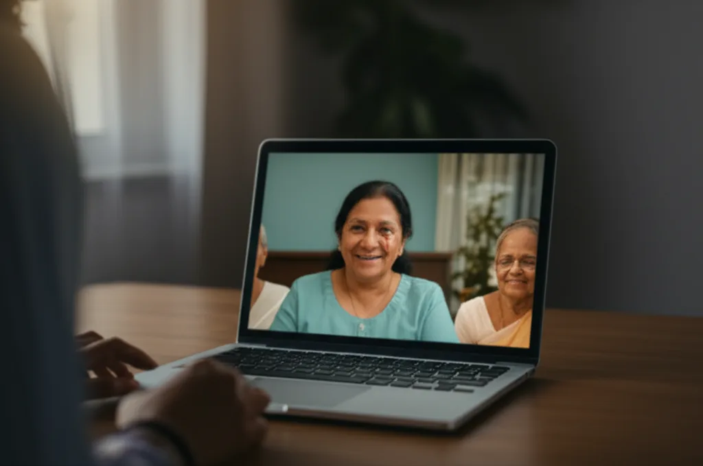 An immigrant connects with family in Sri Lanka via video call, highlighting the pain of physical separation.
