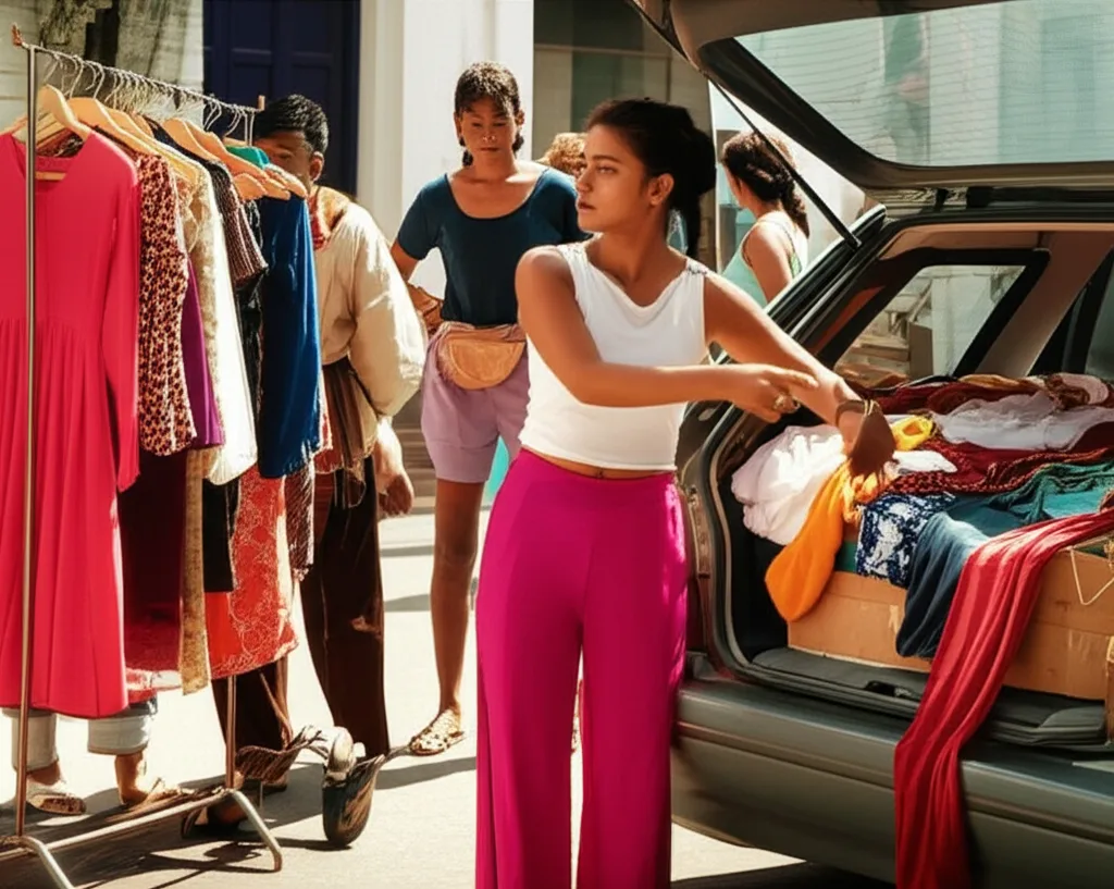 An illustration of Odel's humble beginnings, with Otara selling clothes from her car boot.