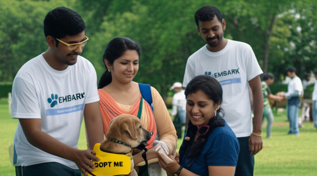 A happy family adopting a rescue dog at an Embark adoption event in Sri Lanka.