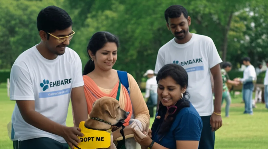 A happy family adopting a rescue dog at an Embark adoption event in Sri Lanka.