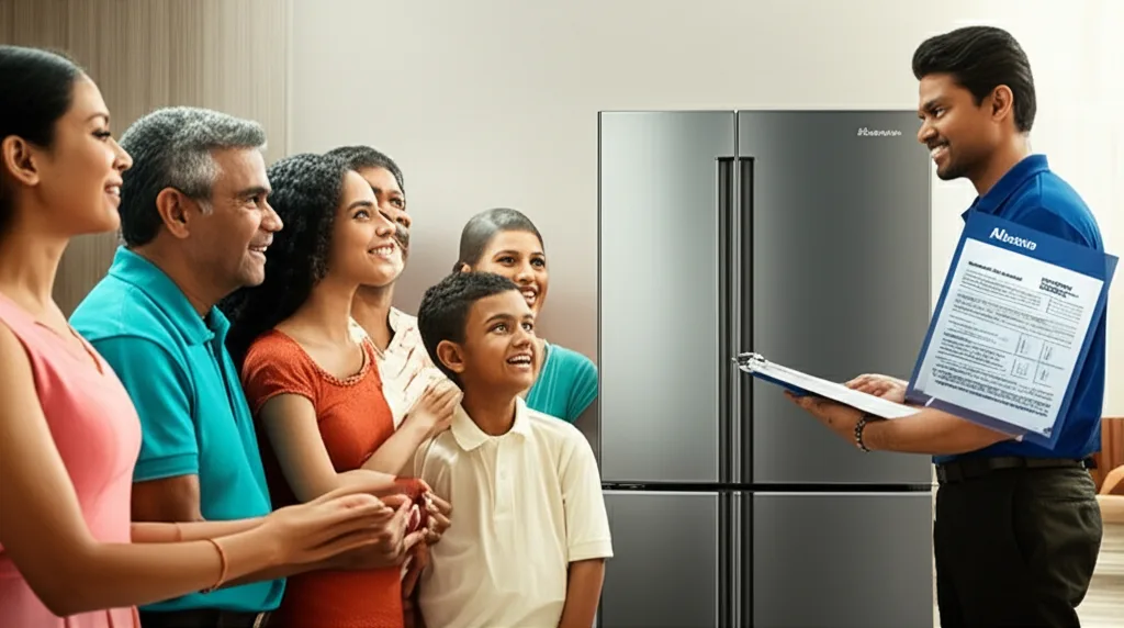 A family happily receiving a new appliance, made possible by Abans' financing options.