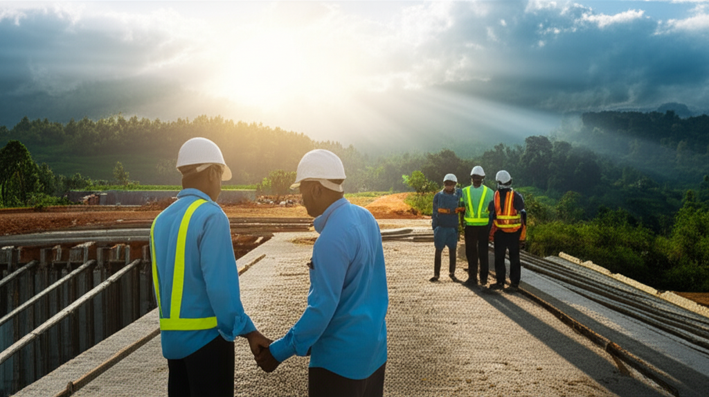 Construction of a vital bridge, representing the rebuilding efforts in post-war Sri Lanka.