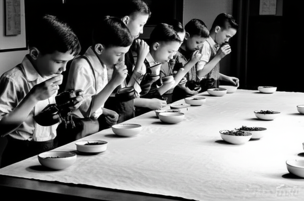 A historical-style image showing tea tasters at work, representing Fernando's early career.