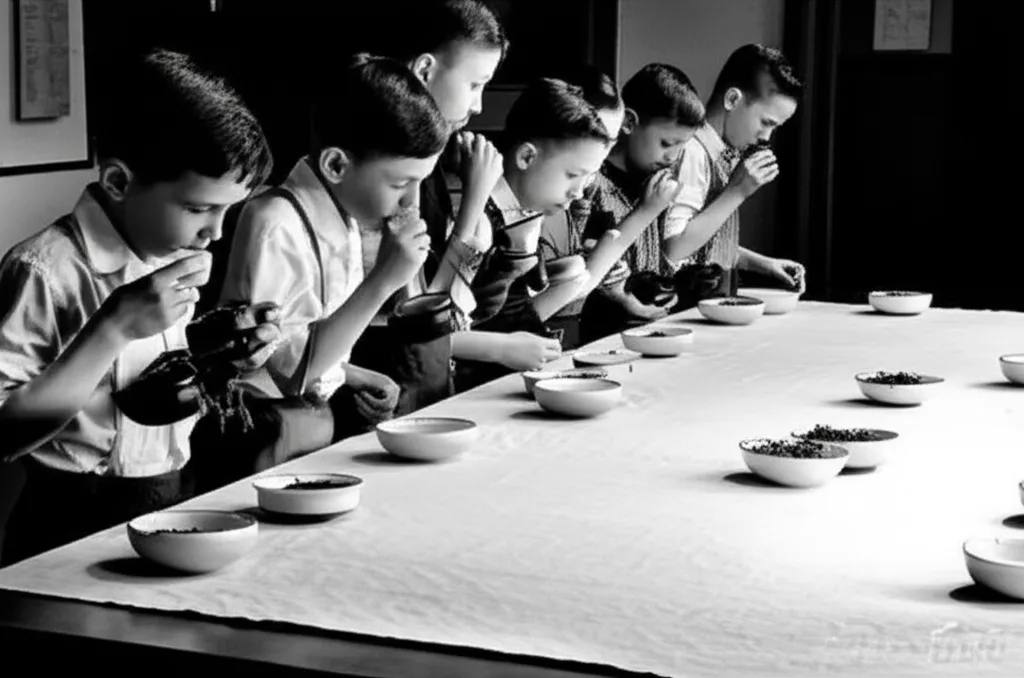 A historical-style image showing tea tasters at work, representing Fernando's early career.