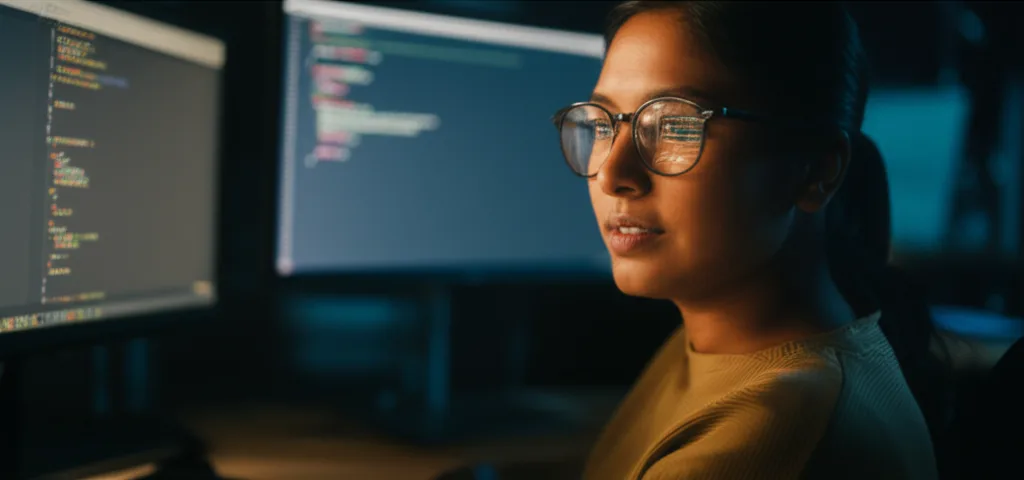 A young Niluka Jayasinghe working diligently, showcasing her early passion for technology.