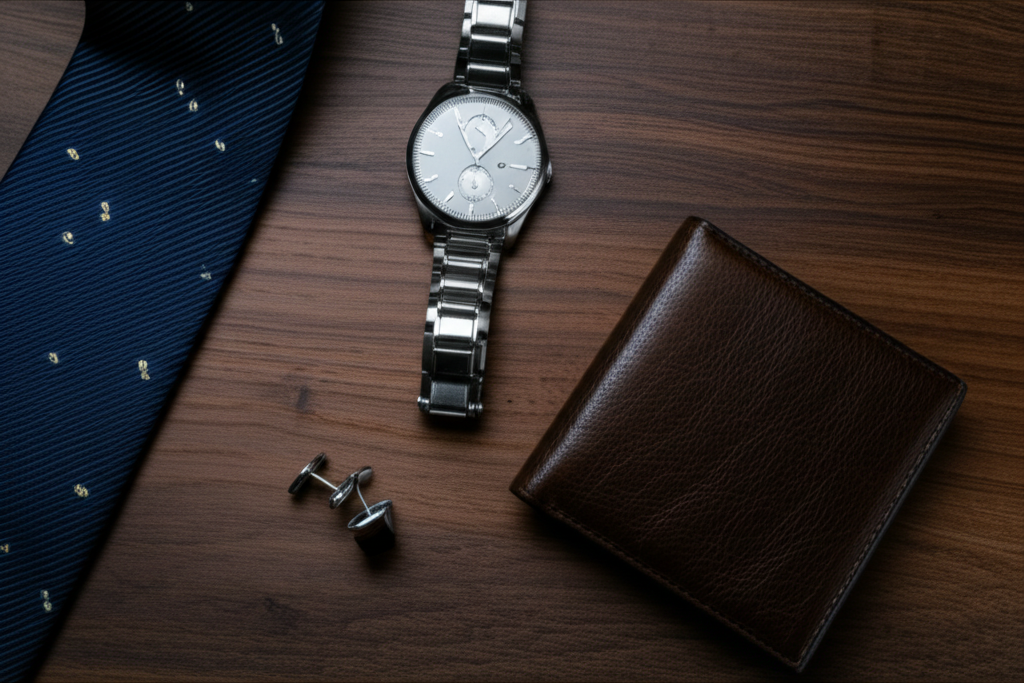 A collection of high-end men's accessories representing luxury and style.