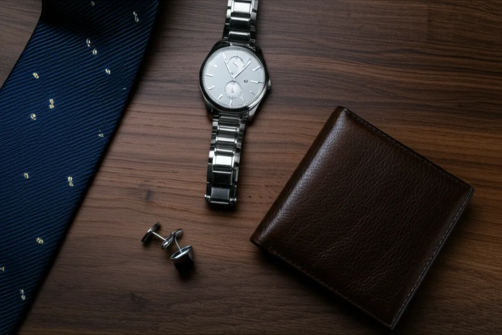 A collection of high-end men's accessories representing luxury and style.