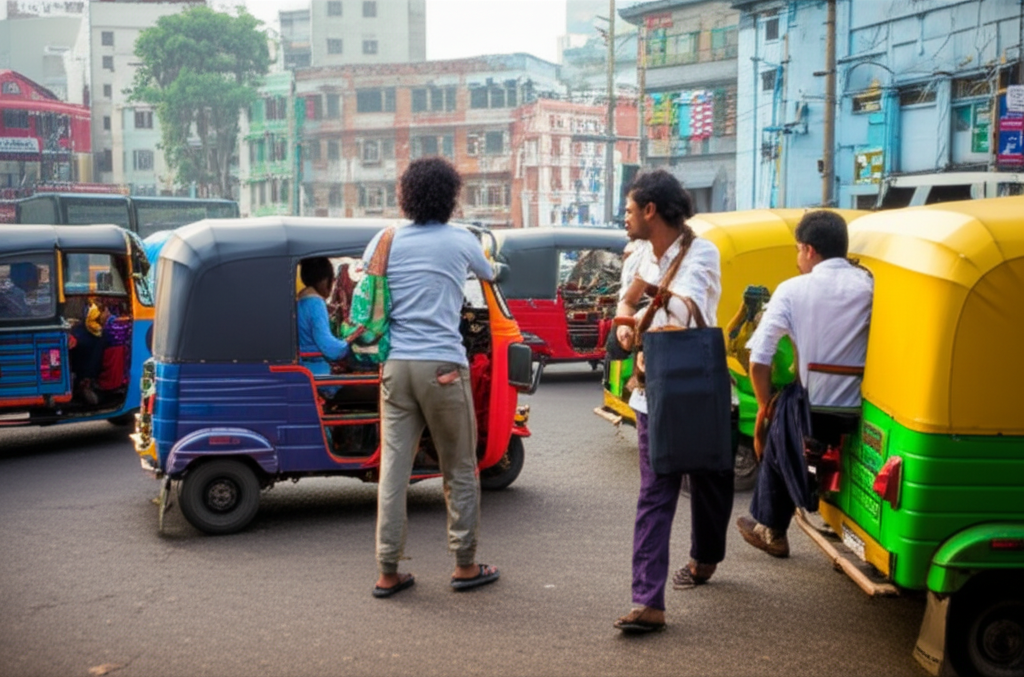 A chaotic street in Colombo filled with tuk-tuks, illustrating the transport challenges before ride-hailing.