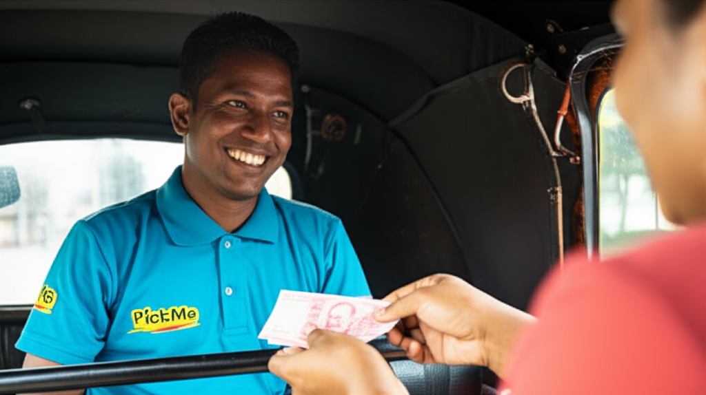 A passenger paying a PickMe tuk-tuk driver with cash, highlighting the company's local adaptation.