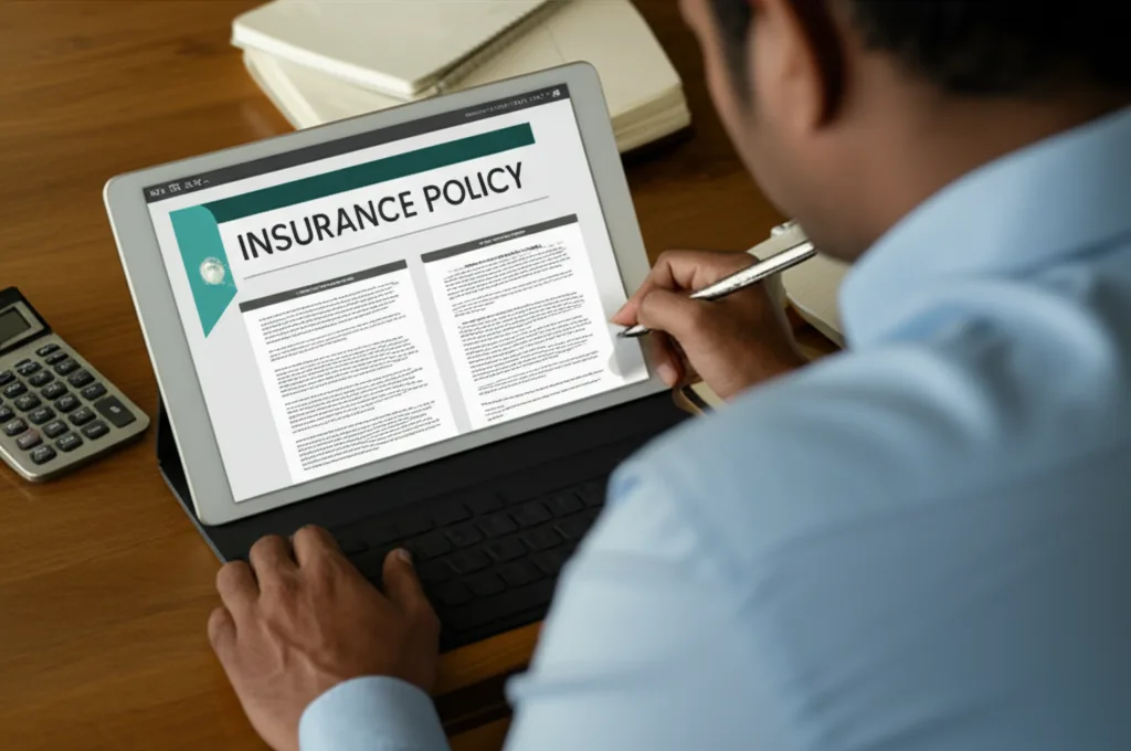 A person carefully considering the terms and coverage of an insurance policy for their family.