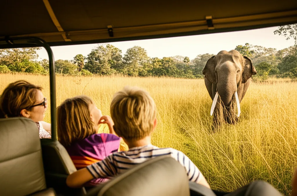 A family on an exciting jeep safari watching a wild elephant in Sri Lanka.