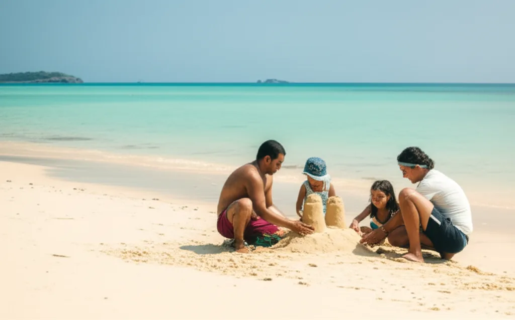A family enjoying the calm, clear waters of a quiet beach on Sri Lanka's East Coast.