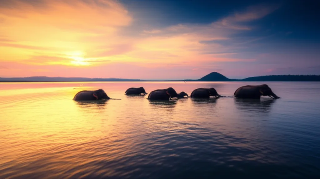 A herd of elephants, including a baby, swimming across the water in Gal Oya National Park.
