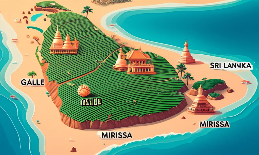 An illustrative map of Sri Lanka highlighting key holiday destinations for expats.