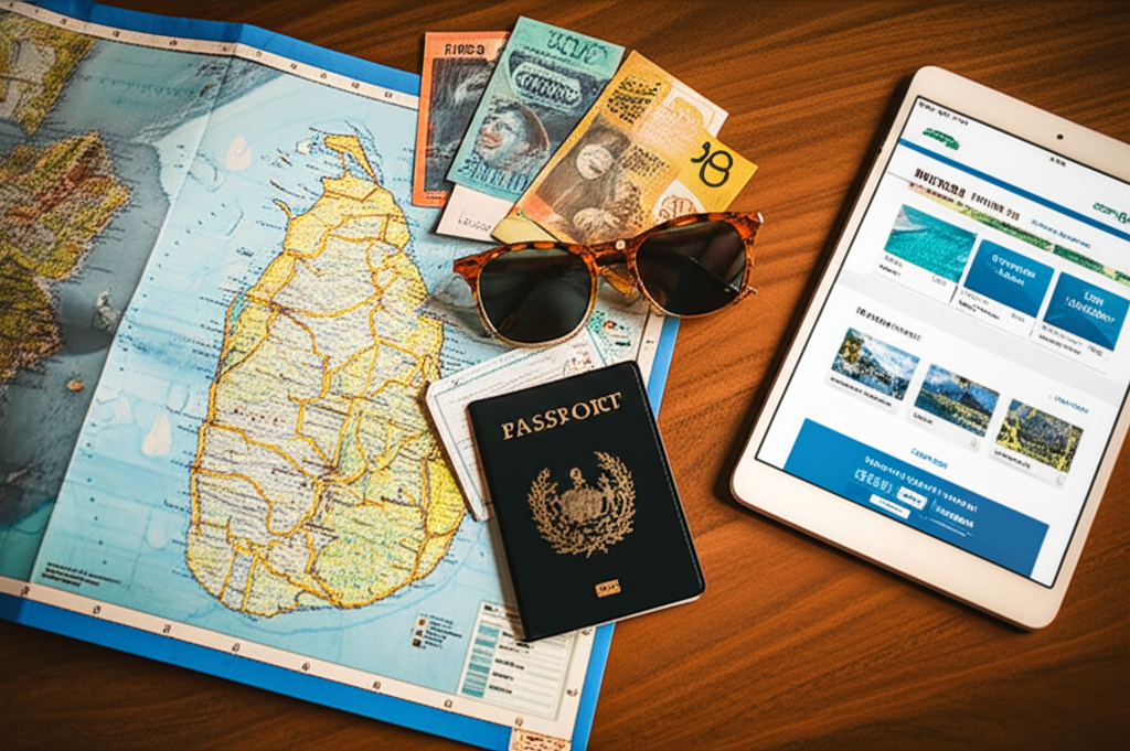 A flat lay of travel planning items for a holiday in Sri Lanka.