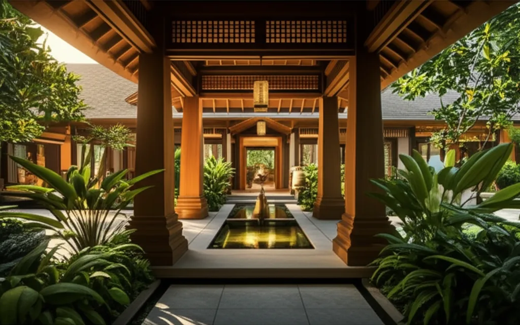 The tranquil entrance to an Ayurvedic wellness center in Sri Lanka, surrounded by lush greenery.