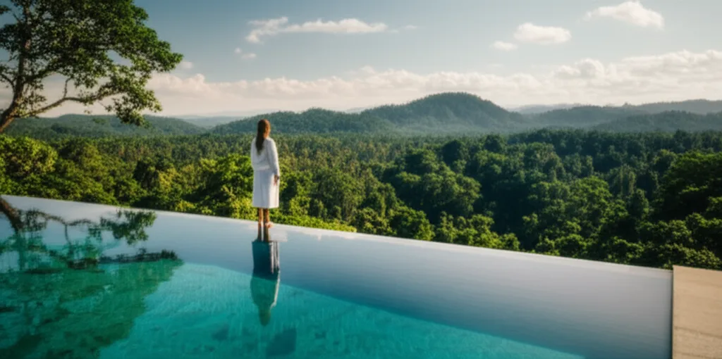 A breathtaking view from an infinity pool at a luxury wellness retreat in the Sri Lankan jungle.