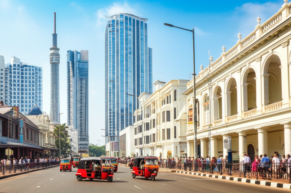 The bustling city street of Colombo with modern and colonial buildings.