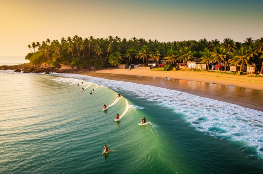 Surfers catching waves at sunset on the famous Arugam Bay beach.