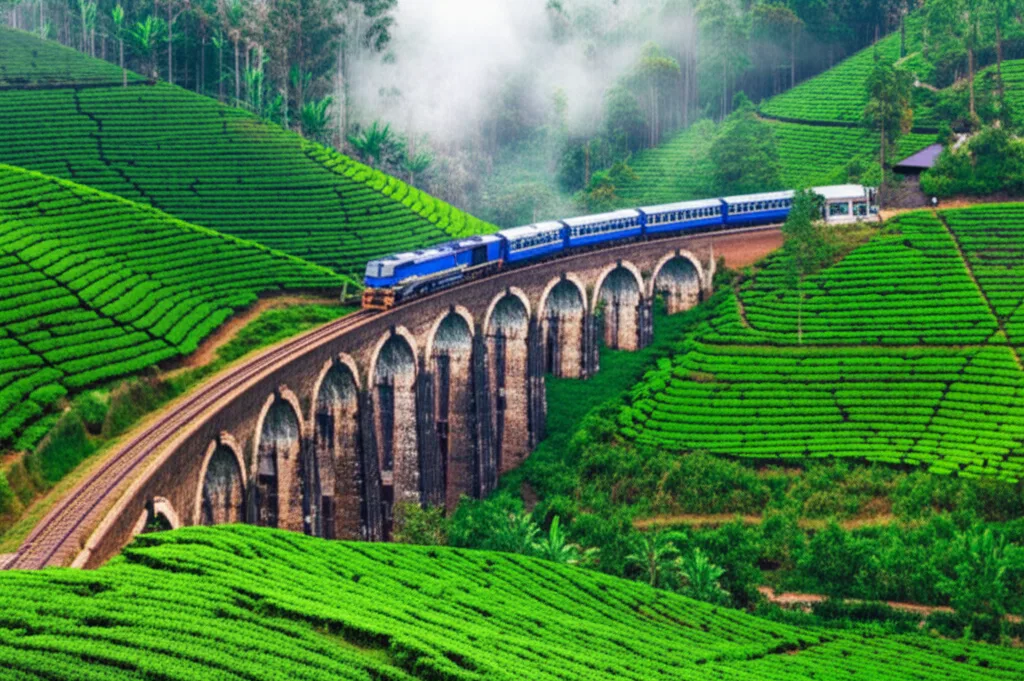 The iconic blue train crossing the Nine Arch Bridge in Ella's tea country.