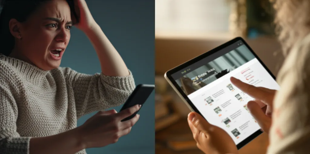 A comparison showing a frustrated user on a buggy site versus a happy user on a well-tested website.