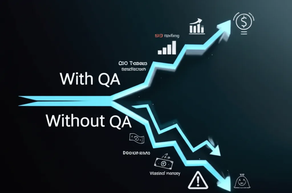 An infographic comparing the positive financial and SEO outcomes with QA versus the negative outcomes without it.