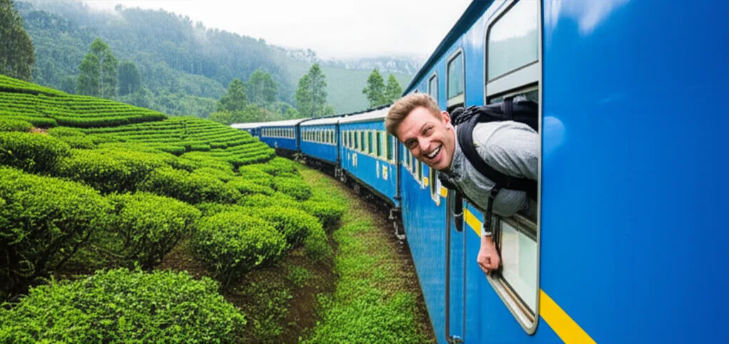 A traveler enjoying the scenic views from the famous Kandy to Ella train journey in Sri Lanka.